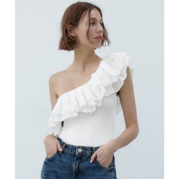 Zara White Asymmetric Ruffle Eyelet Embroidered Neckline Bodysuit Top Size Small - Picture 7 of 8